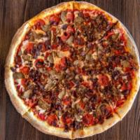 Butcher Shop Pie · Pepperoni, meatball, sausage, bacon, steak, red sauce, and mozzarella cheese.
