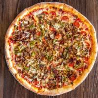 Works Pie · Meatball, sausage, bacon, pepperoni, peppers, mushrooms, onions, red sauce, and extra mozzar...