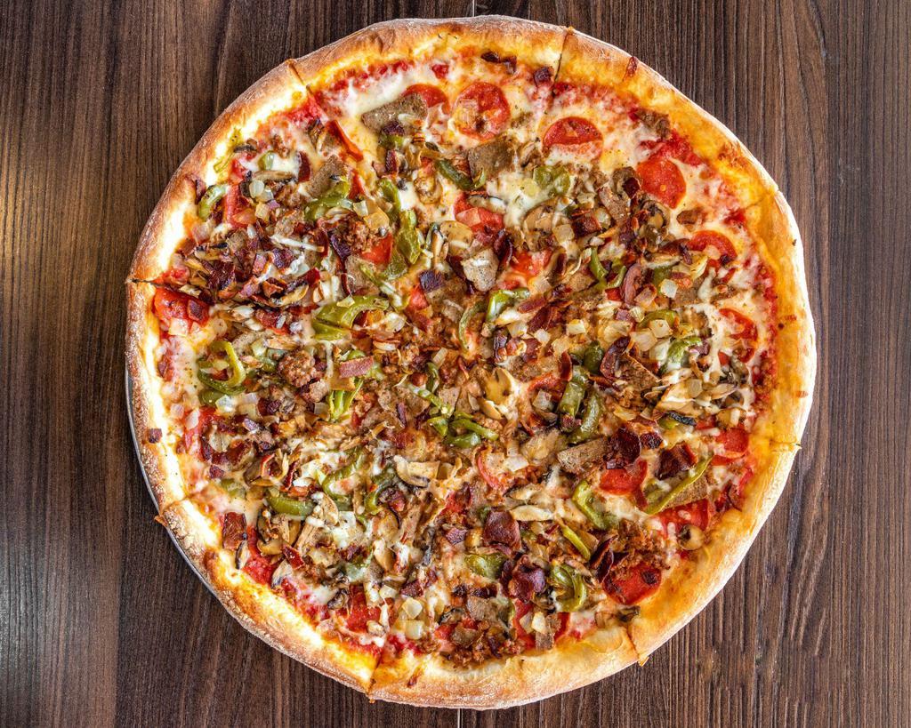 Works Pie · Meatball, sausage, bacon, pepperoni, peppers, mushrooms, onions, red sauce, and extra mozzarella cheese.