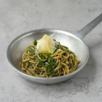 Spaghetti Pesto · Spaghetti with homemade Italian pesto and shaved parmesan cheese.
