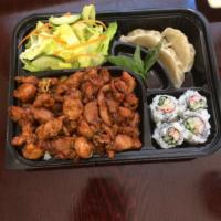 Bento A. Chicken Teriyaki Bento Box · Served with dumpling, steamed rice, California roll, green salad