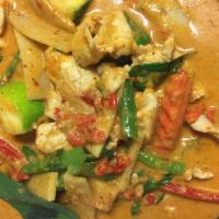 C1. Red Curry · Chicken, coconut milk with red curry, bamboo shoots, green beans, bell peppers, zucchini,  c...