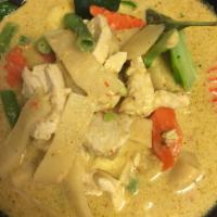 C2. Green Curry · Chicken, coconut milk or green curry, bamboo shoots, green beans, bell peppers, zucchini, ca...