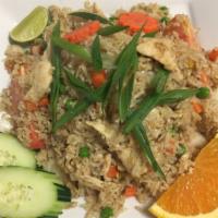 R2. Thai Fried Rice  · Chicken, stir fried rice with egg, onions, tomatoes topped with chopped scallions.