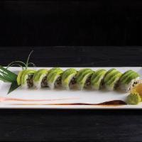 Caterpilar Roll · Tempura flakes, eel and cucumber wrapped in avocado.