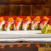 Volcano Roll · Salmon avocado roll topped with tuna, jalapeno, masago and special sauce.