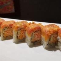 Special Spicy Tuna Roll 2 · Spicy crab, cucumber, masago, crunchy roll with spicy tuna on top.