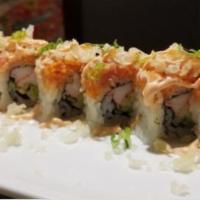 Special Spicy Tuna Roll 3 · Crab, avocado, cucumber roll with spicy tuna, scallion, tempura flakes and spicy mayo on top.
