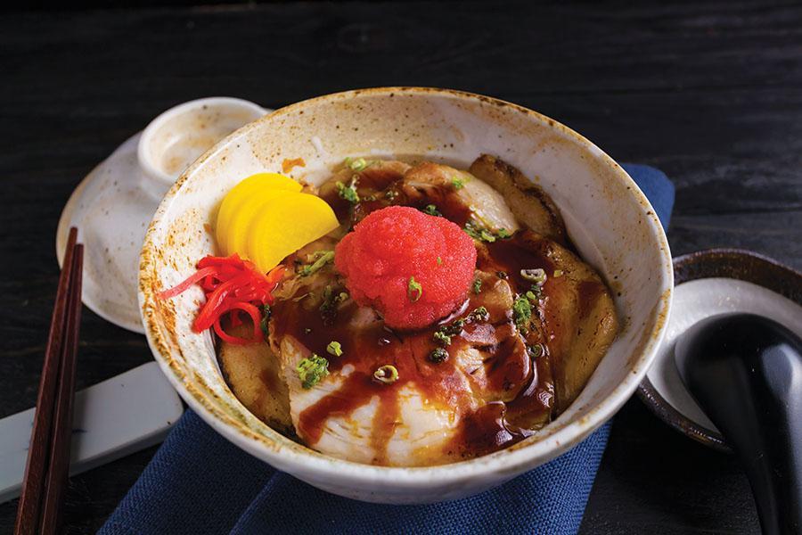 Chashu Mentaiko Don · Braised pork belly and spicy cod fish roe over rice.