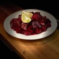 Beet Salad · Beets, garlic, parsley, olive oil, vinegar and spices. Served with fresh baked pita, olives ...