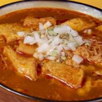 Menudo · Soup prepared with beef tripe in broth with a red chili pepper base. Served with corn tortil...