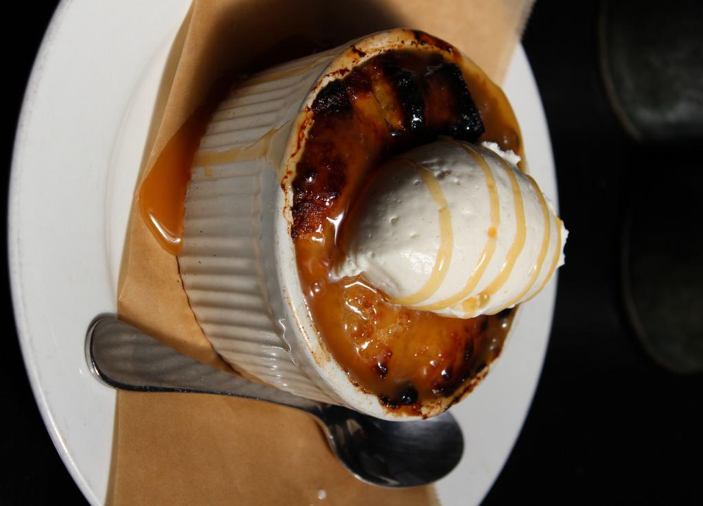 Caramel Bread Pudding · With homemade mint whipped cream.