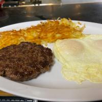 Breakfast Hamburger Patty & Eggs · Grilled or fried patty on a bun.  Choice of fried, scrambled, over easy, or sunny side up eg...