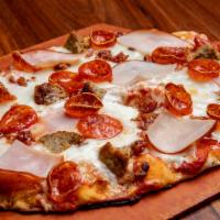 THE MEATS* · San Marzano tomato sauce, mozzarella cheese, pepperoni, Scimeca’s meatballs, ham, and bacon.