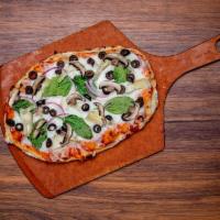 VEGGIE* · San Marzano tomato sauce, mozzarella cheese, spinach, olives, artichokes, mushroom and red o...