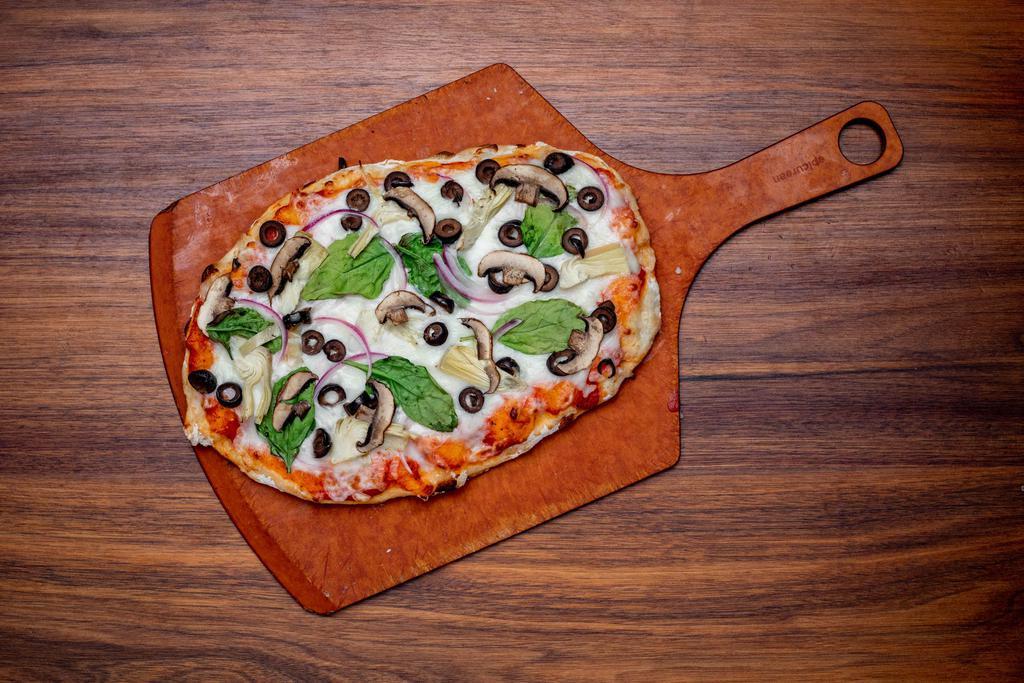 VEGGIE* · San Marzano tomato sauce, mozzarella cheese, spinach, olives, artichokes, mushroom and red onion.