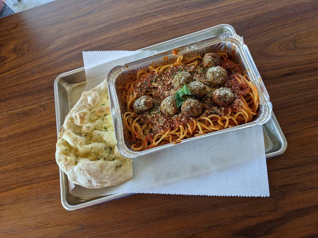 SPAGHETTI & MEATBALLS* · Spaghetti noodles, Scimeca's meatballs, homemade Italian marinara meat sauce.