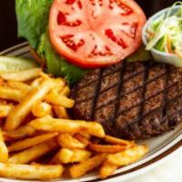 8 oz. Angus Beef Burger · Served on kaiser roll with lettuce, tomatoes and comes with french fries, coleslaw and pickle.