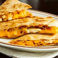 Grilled Chicken Quesadilla · Served with fried onions and cheddar cheese. Served with sour cream and salsa.
