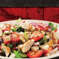 Chicken and Strawberry Salad · Crisp salad greens, sliced strawberries, cranberries, sliced almonds, red onions and feta ch...