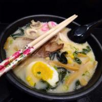 Ramen · A popular Japanese egg noodle soup, topped with shilake, mushrooms, bamboo, shoots, sweet co...