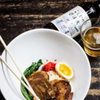 Chashu Bowl · Braised pork belly served over rice, garnished with pickled, ginger, nori, scallion and half...