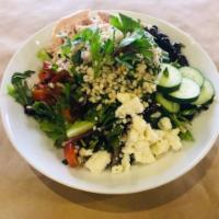 Brewer's Greek Salad · shredded chicken, mixed greens, tomatoes, kalamata olives, roasted red peppers, cucumbers, f...