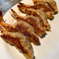 A) Ebi Gyoza · 6 pcs pan-fried dumplings with pork, veggie and large shrimp