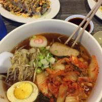 Kimchi Soup Noodle · Kimchi with a slice of chasyu.