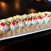 Red Caterpillar · Shrimp tempura and imitation crab roll topped with spicy tuna, crunch, eel sauce and spicy m...