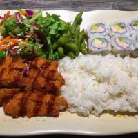 Ch Katsu & Cali Roll Bento · Chicken katsu w teriyaki sauce, 6 pcs California roll, rice, and a small side salad.