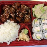 Sesame chicken Bento Box · Served with rice,salad,sushi roll