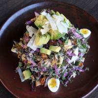 Kale Caesar Salad · seasonal kale, hard boiled eggs, Parmesan, avocado, Caesar dressing and croutons.