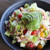 The Chopped Salad · chicken, iceberg lettuce, salami, mozzarella, garbanzo beans, cherry tomatoes, pepperoncini,...