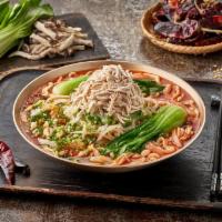 Spicy Chicken Noodle Soup · Flat noodle soup in a chicken broth (Spicy)