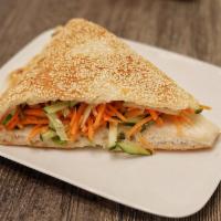 P2. Sesame Pancake Sandwich with Vegetables · Cilantro, carrots and cucumber. 