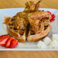 Housemade Chicken and Waffles &  Chicken Tenders · Housemade from scratch Spelt waffles topped with powder sugar and 3 Crispy Chicken Tenders. ...