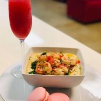 Shrimp & Grits + 2 Macarons or Cookie  · Creamy stone ground grits topped with jumbo shrimp and turkey sausage in a low country sauce...