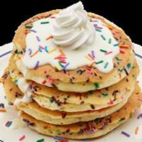 Funfetti Cupcake Buttermilk Spelt Pancake  ·  Housemade Spelt Buttermilk Pancakes with Rainbow Sprinkles, Cupcake Icing topped with whipp...