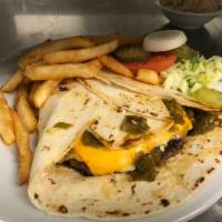Frankie's Tortilla Burger · Fresh Angus, chuck ground steak, served with 2 slices of American cheese, New Mexico red or ...