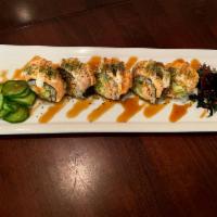 Baked salmon roll · Asparagus avocado roll
baked salmon on top with sweet soy sauce and vegenaze