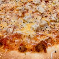 Colby Chicken Pizza · Marinara sauce, mozzarella cheese, chicken, Monterey Jack cheese and garlic.
