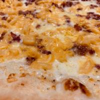 Mac and Cheese Pizza · Call for availability - Mozzarella cheese, mac n' cheese and bacon.