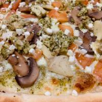 Chicken Pesto Pizza · Pesto, mozzarella cheese, chicken, mushrooms, diced tomatoes, artichokes and feta.