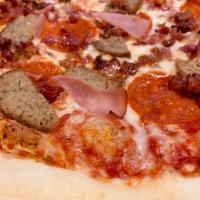 Meatlovers Pizza · Marinara sauce, mozzarella cheese, pepperoni, bacon, ham and meatballs.