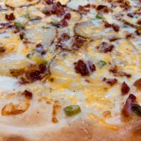 Potato Bacon Pizza · Garlic butter sauce, roasted potatoes, bacon, green onion and Monterey Jack cheese.