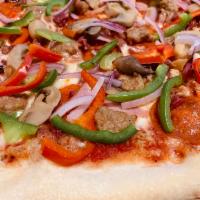 Supreme Pizza · Marinara sauce, mozzarella cheese, pepperoni, Italian sausage, ham, bacon, mushrooms, red on...