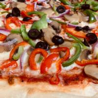 Veggie Pizza · Marinara sauce, mozzarella cheese, mushrooms, red onion, red and green peppers and black oli...