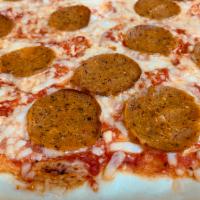 Cheez and Sausa Pizza · Marinara sauce, ‘Follow your heart’ vegan mozzarella cheese and ‘Fluffy Vegans’ organic vega...