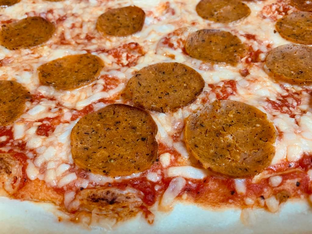 Cheez and Sausa Pizza · Marinara sauce, ‘Follow your heart’ vegan mozzarella cheese and ‘Fluffy Vegans’ organic vegan Italian sausage